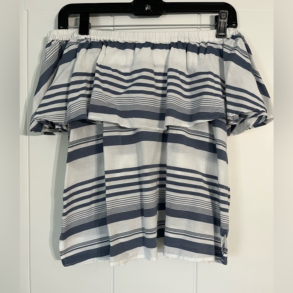 LOFT Blue and White Off the Shoulder Blouse